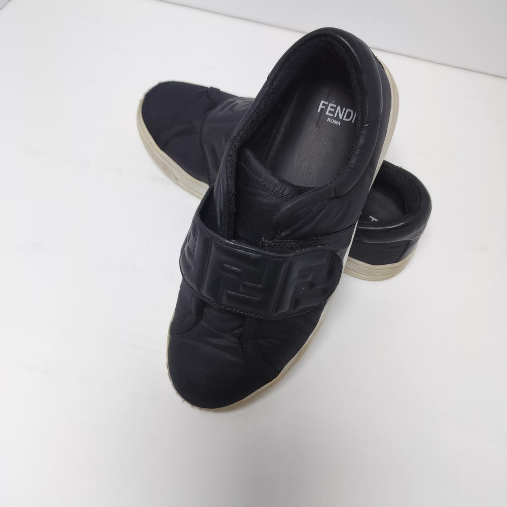 Fendi Roma Black Leather FF Zucca Logo Strap Low Top Sneakers Made in Italy‎